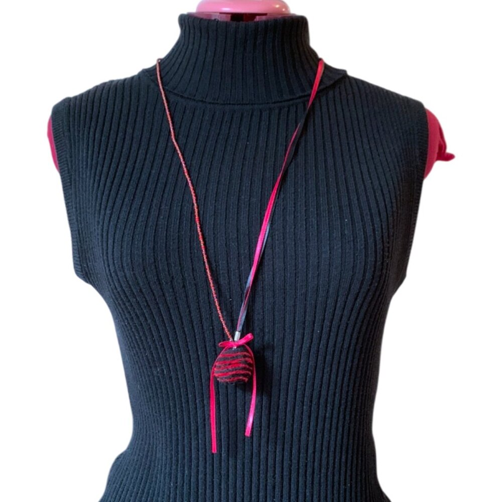 Handmade Long pendant necklace with fabric Red and Black pompom